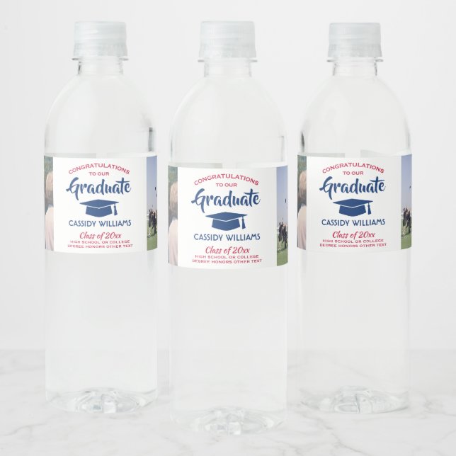 2 Photo Graduation Congrats Red White and Blue Water Bottle Label (Bottles)