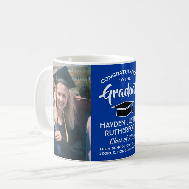 2 Photo Graduation Congrats Royal Blue and White Coffee Mug (Front Left)
