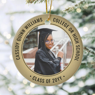 2 Photo Graduation Elegant Black & Gold Faux Foil Ceramic Tree Decoration
