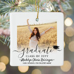 2 Photo Graduation Elegant Black Script Class Year Ceramic Ornament<br><div class="desc">Commemorate the graduate's achievement with a custom 2 photo square graduation Christmas ornament. Pictures and all text are simple to customise and can be different on front and back. (IMAGE PLACEMENT TIP: An easy way to centre a photo exactly how you want is to crop it before uploading to the...</div>