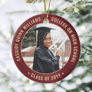 2 Photo Graduation Elegant Brushed Burgundy & Gold Ceramic Tree Decoration