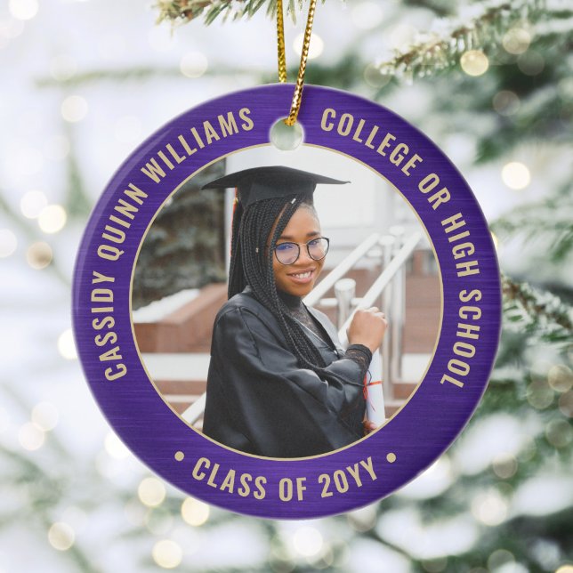 2 Photo Graduation Elegant Brushed Purple and Gold Ceramic Tree Decoration (Creator Uploaded)
