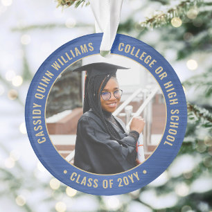 2 Photo Graduation Elegant Brushed Royal Blue Gold Ornament