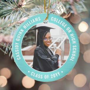 2 Photo Graduation Elegant Brushed Teal Blue White Ceramic Tree Decoration
