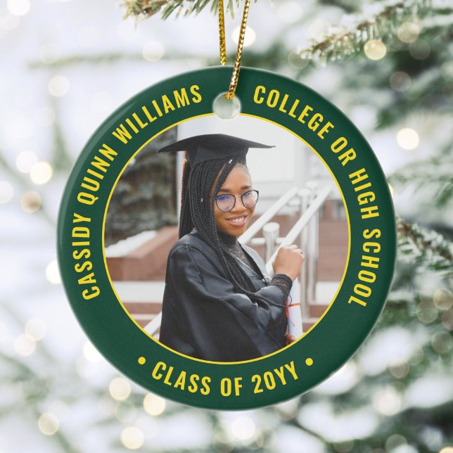 2 Photo Graduation Elegant Green and Gold Ceramic Tree Decoration (Creator Uploaded)