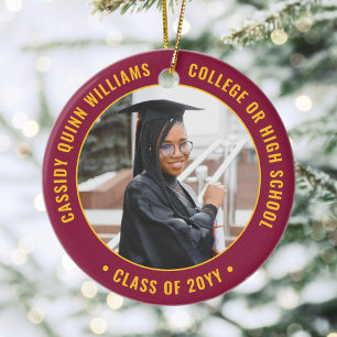 2 Photo Graduation Elegant Maroon Red Gold Yellow Ceramic Tree Decoration