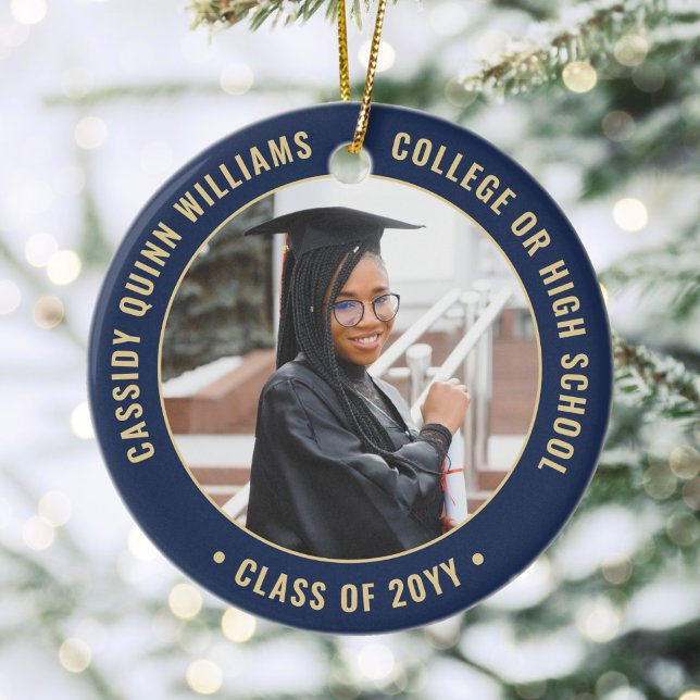 2 Photo Graduation Elegant Modern Navy Blue & Gold Ceramic Tree Decoration (Creator Uploaded)