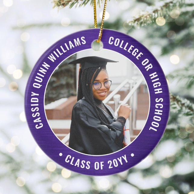2 Photo Graduation Elegant Modern Purple and White Ceramic Tree Decoration (Creator Uploaded)