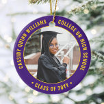 2 Photo Graduation Elegant Purple Gold Yellow Ceramic Tree Decoration<br><div class="desc">Commemorate the graduate's achievement with an elegant purple and gold yellow custom two photo round graduation Christmas ornament. Pictures and all text are simple to customize and can be different on front and back.(IMAGE & TEXT DESIGN TIPS: 1) To adjust position of wording, add spaces at beginning or end. 2)...</div>