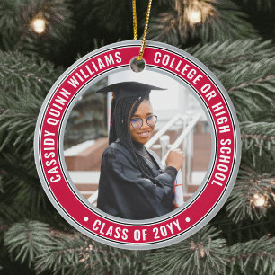 2 Photo Graduation Elegant Red Gray Black & White Ceramic Tree Decoration
