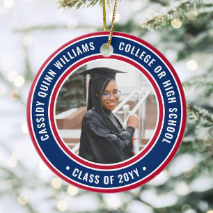 2 Photo Graduation Elegant Red White and Blue Ceramic Tree Decoration