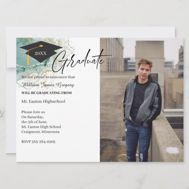 2 Photo Graduation Green Gold Announcement Card (Front)