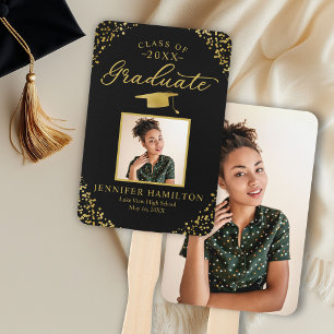 2 Photo Graduation Hand Fan Black and Gold