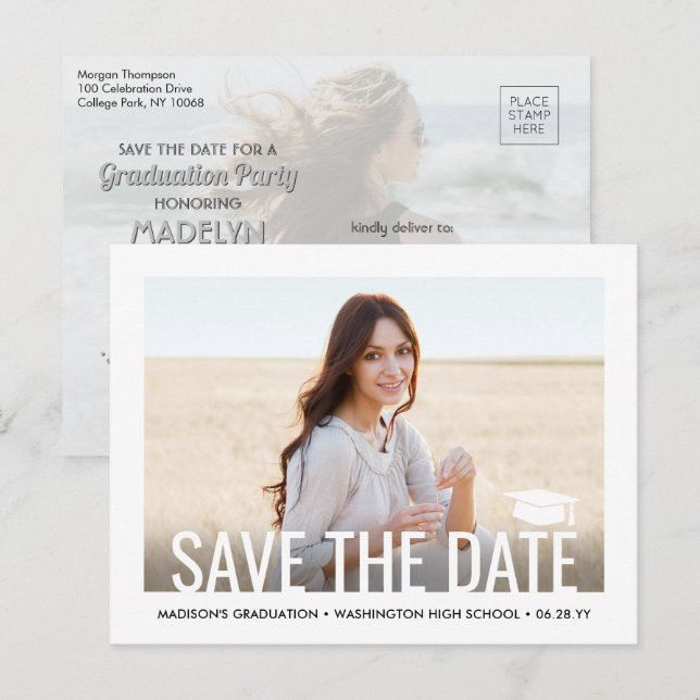 2 Photo Graduation Modern Minimalist Save the Date Announcement Postcard (Front/Back)
