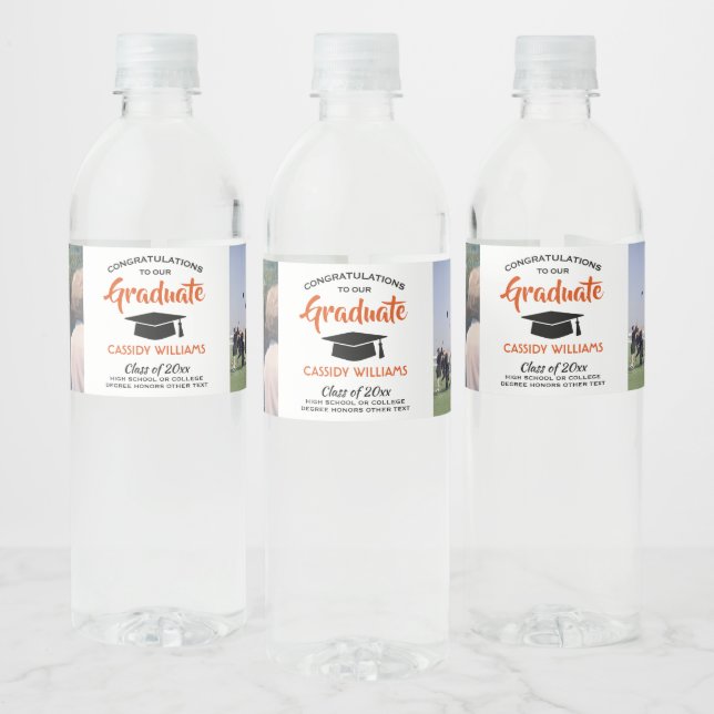 2 Photo Graduation Modern Orange Black and White Water Bottle Label (Bottles)