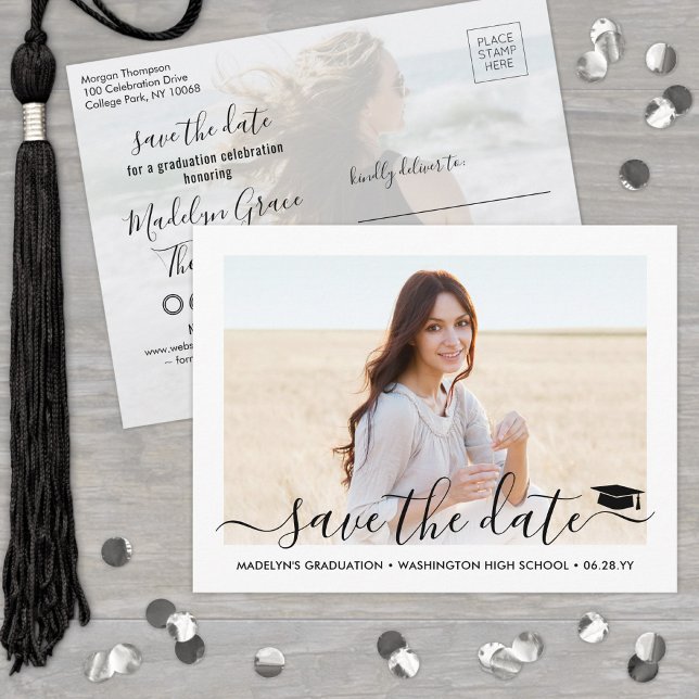 2 Photo Graduation Modern Script Save the Date Announcement Postcard (Creator Uploaded)
