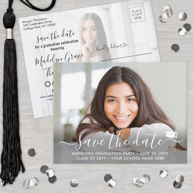 2 Photo Graduation Modern Script Save the Date Announcement Postcard (Creator Uploaded)