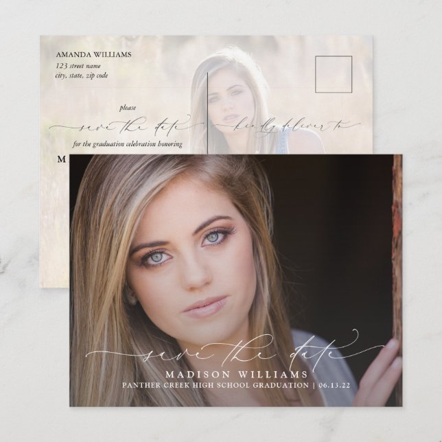 2 Photo Graduation Modern Script Save the Date Announcement Postcard (Front/Back)