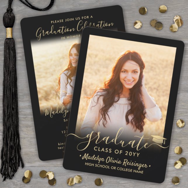 2 Photo Graduation Party Elegant Black and Gold Invitation (Creator Uploaded)