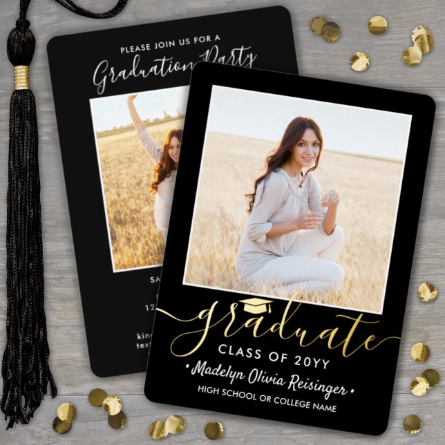 2 Photo Graduation Party Modern Script Black and (Creator Uploaded)