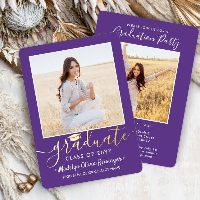 2 Photo Graduation Party Modern Script Purple and (Creator Uploaded)