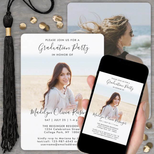 2 Photo Graduation Party Simple Black White Script Invitation (Creator Uploaded)