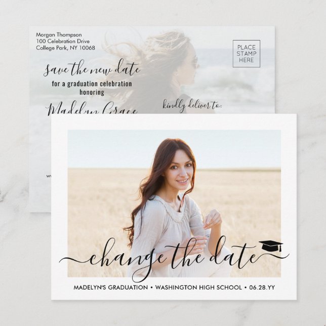 2 Photo Graduation Postponement Change the Date Announcement Postcard (Front/Back)