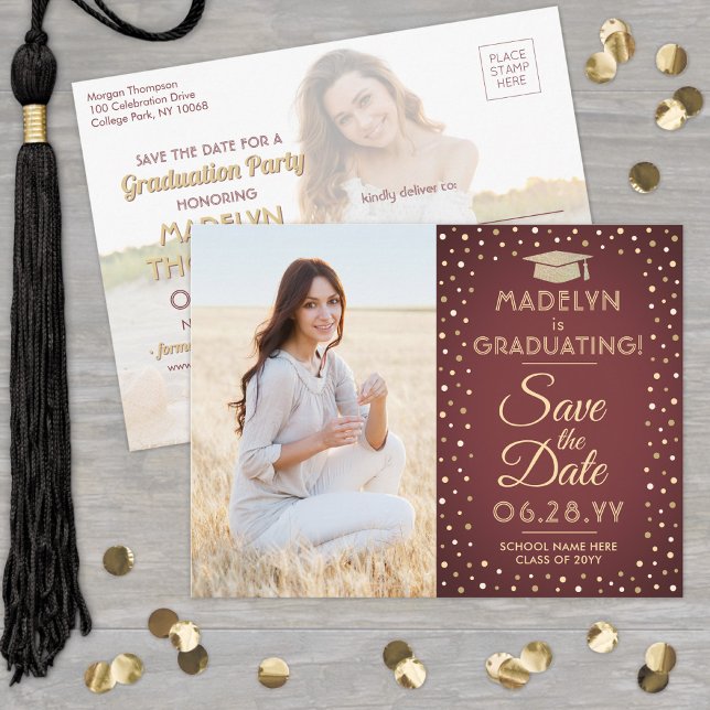 2 Photo Graduation Save the Date Burgundy and Gold Announcement Postcard (Creator Uploaded)