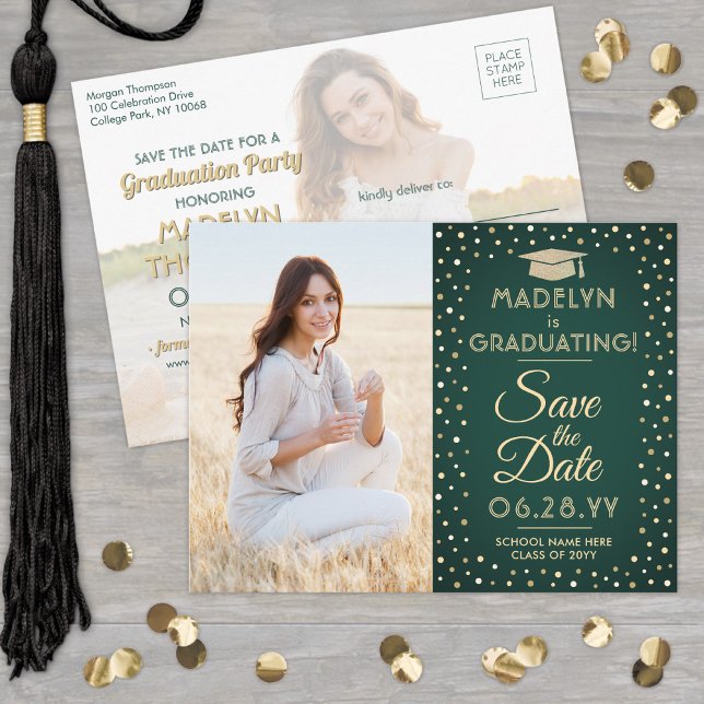 2 Photo Graduation Save the Date Green and Gold Announcement Postcard (Creator Uploaded)