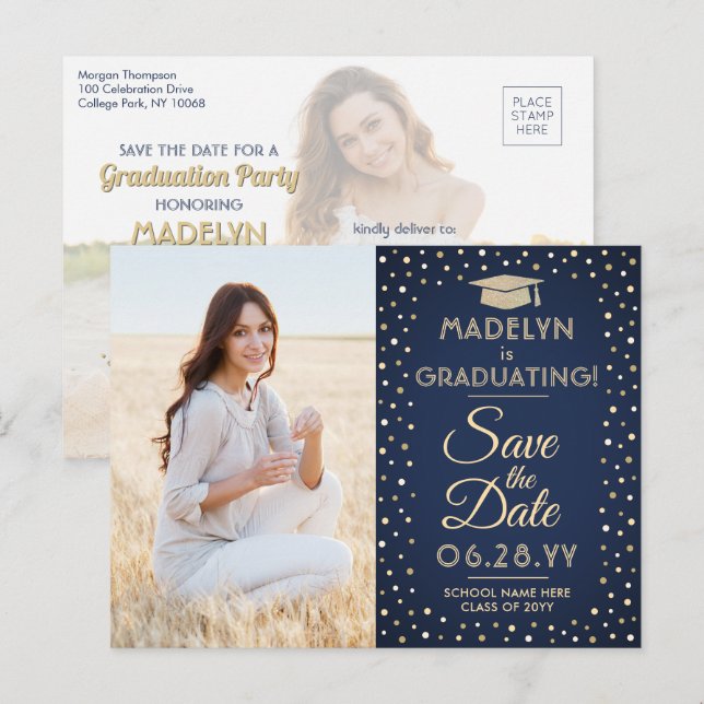 2 Photo Graduation Save the Date Navy Blue & Gold Announcement Postcard (Front/Back)