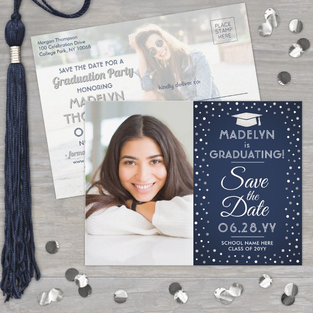 2 Photo Graduation Save the Date Navy Blue & White Announcement Postcard (Creator Uploaded)
