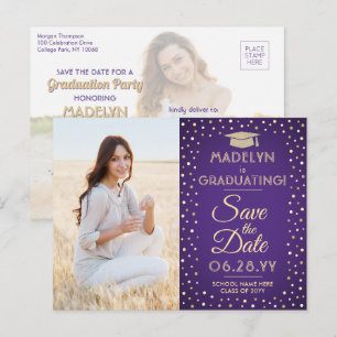 2 Photo Graduation Save the Date Purple and Gold Announcement Postcard