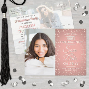2 Photo Graduation Save the Date Rose Gold Gltter Announcement Postcard