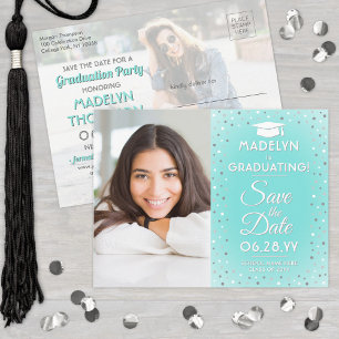 2 Photo Graduation Save the Date Teal Faux Silver Announcement Postcard