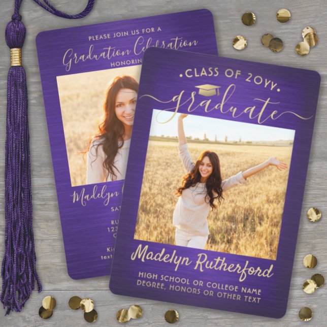 2 Photo Graduation Script Brushed Purple and Gold Invitation (Creator Uploaded)