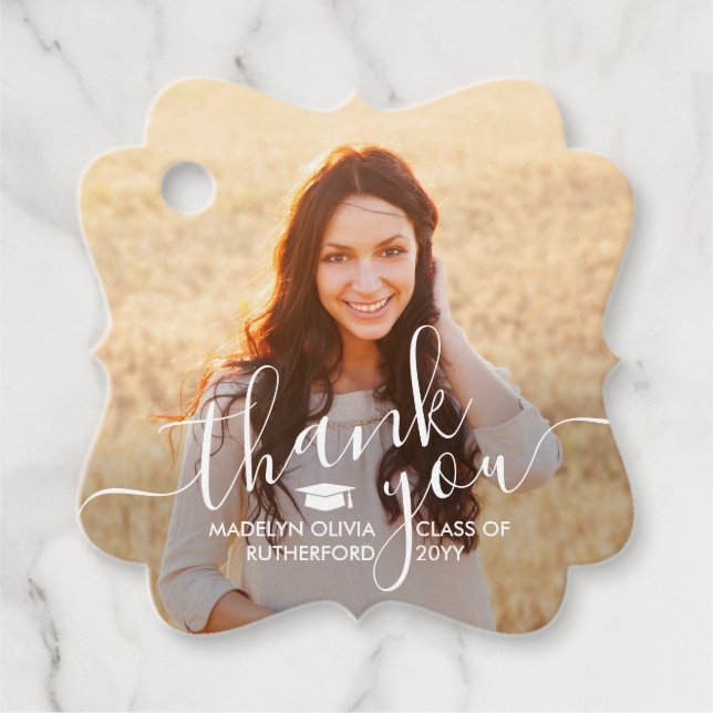 2 Photo Graduation Thank You White Script Fancy Favour Tags (Front)