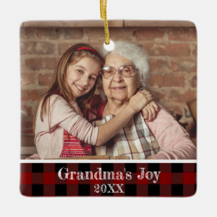 2 Photo Grandma's Joy Red Buffalo Plaid Ceramic Ornament