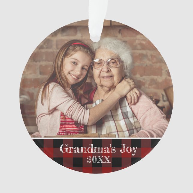 2 Photo Grandma's Joy Red Buffalo Plaid Ornament (Front)