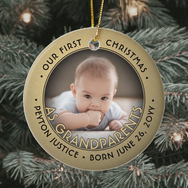 2 Photo Grandparents First Christmas Black & Gold Ceramic Tree Decoration (Creator Uploaded)