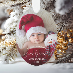 2-Photo Grandparents First Christmas White Script Ornament