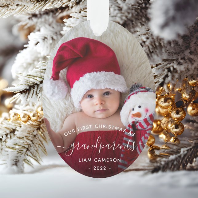 2-Photo Grandparents First Christmas White Script Ornament (Creator Uploaded)