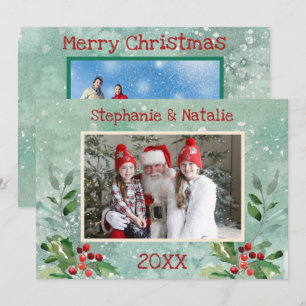 2 Photo Green Red Modern Floral Watercolor Photo Holiday Card