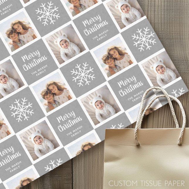 2 Photo Grey Neutrals Merry Christmas Snowflakes Tissue Paper (Custom Tissue Paper)