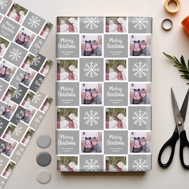 2 Photo Grey Neutrals Merry Christmas Snowflakes Wrapping Paper Sheet (Personalized Wrapping Paper - add photos to this festive holiday design)