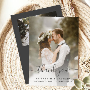 2-Photo Grey Script Wedding Thank You Card