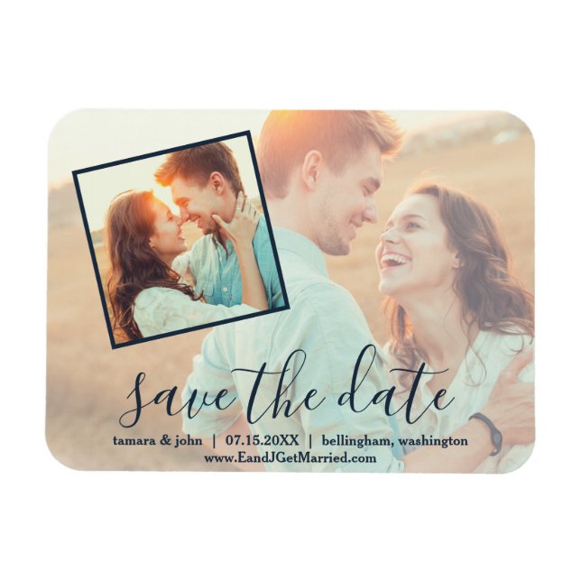 2 Photo Hand Lettered Script Save the Date Magnet (Horizontal)