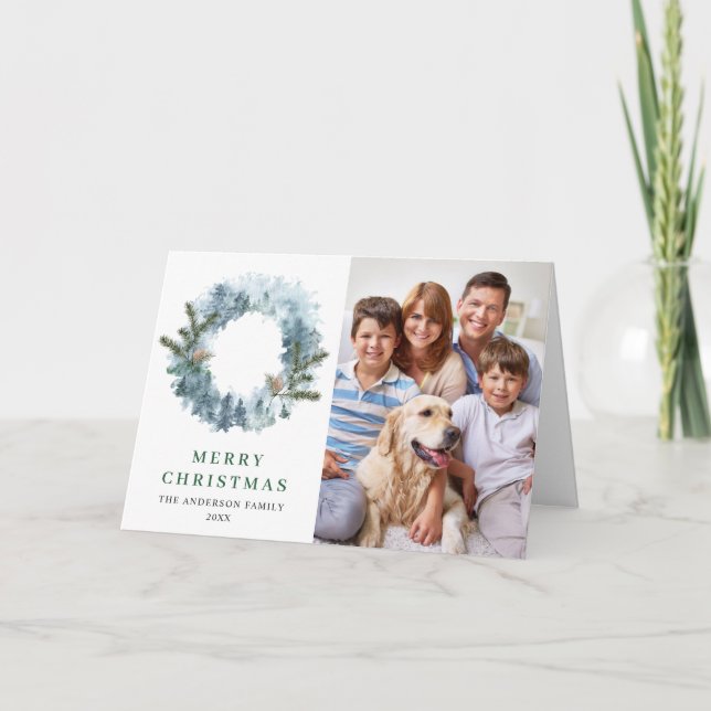 2 PHOTO Holly Berry Wreath Christmas Greeting Holiday Card (Front)