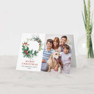 2 PHOTO Holly Berry Wreath Christmas Greeting Holiday Card