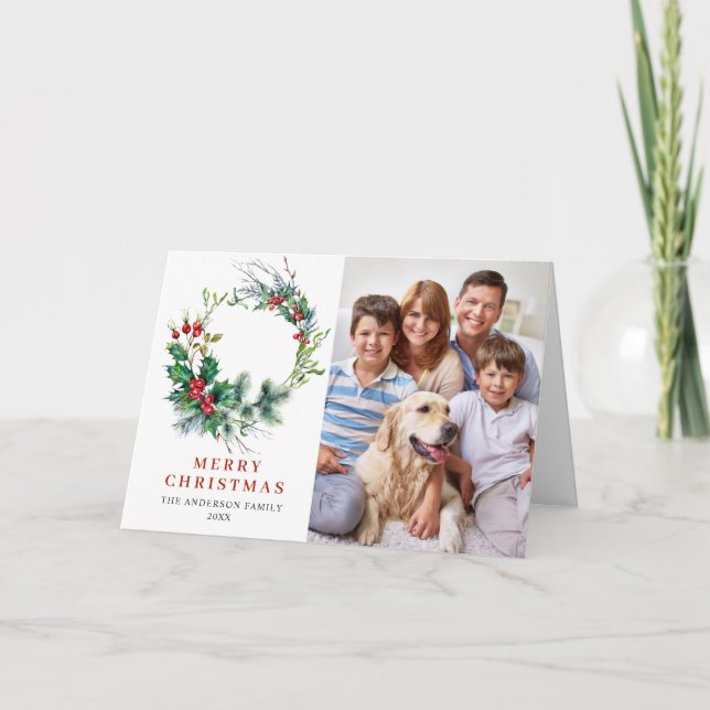 2 PHOTO Holly Berry Wreath Christmas Greeting Holiday Card (Front)
