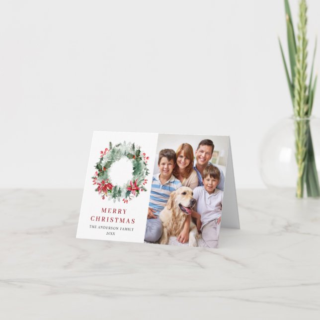 2 PHOTO Holly Berry Wreath Christmas Greeting Holiday Card (Front)